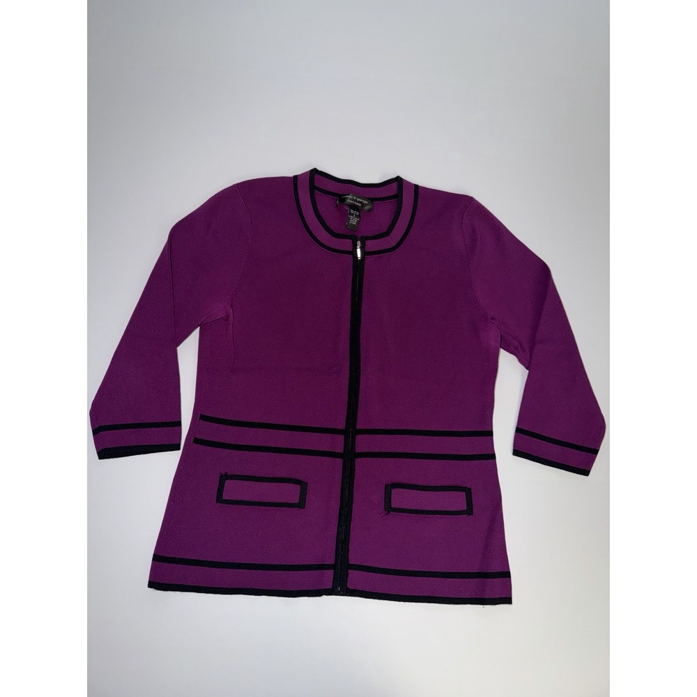 Cable & Gauge Petite Women Large Sweater Zip Purple Black Business Career Top